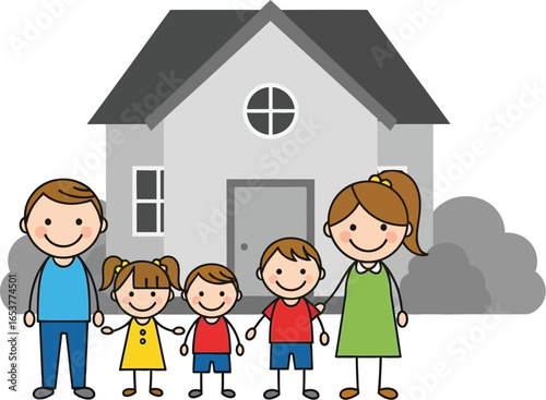 Family home cartoon happy family house drawing illustration editable