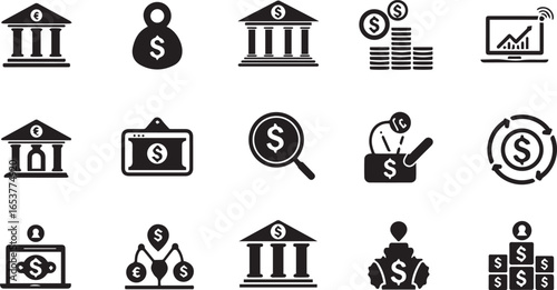 Assortment of fifteen black finance and banking icons on a white background money dollar