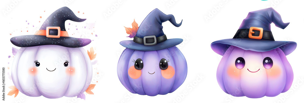 Fototapeta premium Cute watercolor pumpkins dressed up for Halloween, each with a witch hat.
