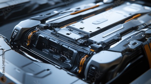 Futuristic electric vehicle battery pack close-up, advanced technology, intricate design