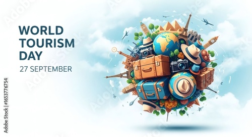 World tourism day, world tourism day illustration with suitcases, landmarks, and a globe, celebrating travel and cultural exchange on 27 september