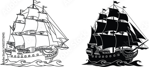 Vintage ship illustration sailing vessel black and white art editable