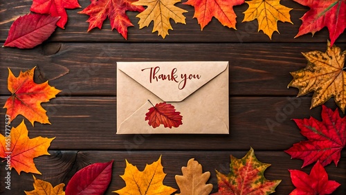 Fototapeta Naklejka Na Ścianę i Meble -  Thank you envelope surrounded by autumn leaves fall season gratitude message
