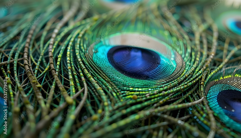 Fototapeta premium Close up of vibrant green and blue peacock feathers with intricate eye patterns