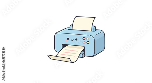 A cute cartoon light blue printer with a smiling face, actively printing a document on paper.