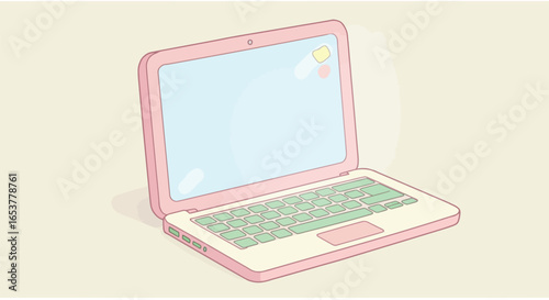 An adorable pink laptop with vibrant green keys and a light blue screen, presented as a charming digital illustration.