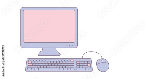 A flat illustration of a desktop computer setup with a monitor, keyboard, and mouse.
