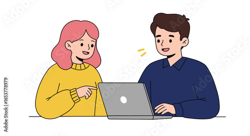 Two smiling cartoon characters, a man and a woman, collaborating and discussing a project while looking at a laptop, with the woman pointing at the screen.