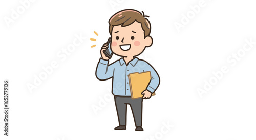 A cheerful cartoon man in a blue shirt smiles while talking on a mobile phone and holding a folder.