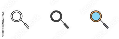 Magnifying glass icon set in line, solid and filled outline style