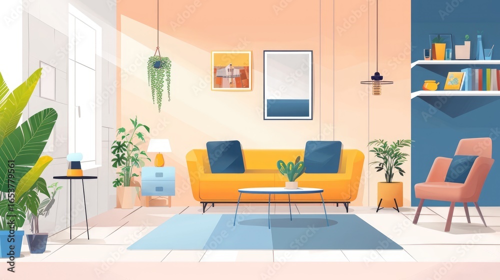 Fototapeta premium Comfortable Living Room Decor With Yellow Sofa Plants And Artwork