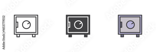 Safe icon set in line, solid and filled outline style