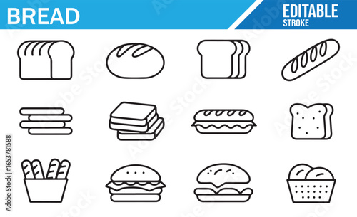 Editable Bakery Icons for Bread, Toast, and Sandwich Graphics