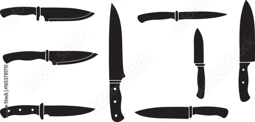 Assortment of Seven Black Silhouette Kitchen Knives on White Background knife cutlery