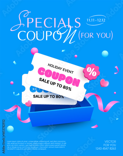 Holiday event coupon design featuring bold pink text, percentage discount icon, and gift box with floating hearts, ribbons, and confetti, promoting sales up to 80%. Vector illustration