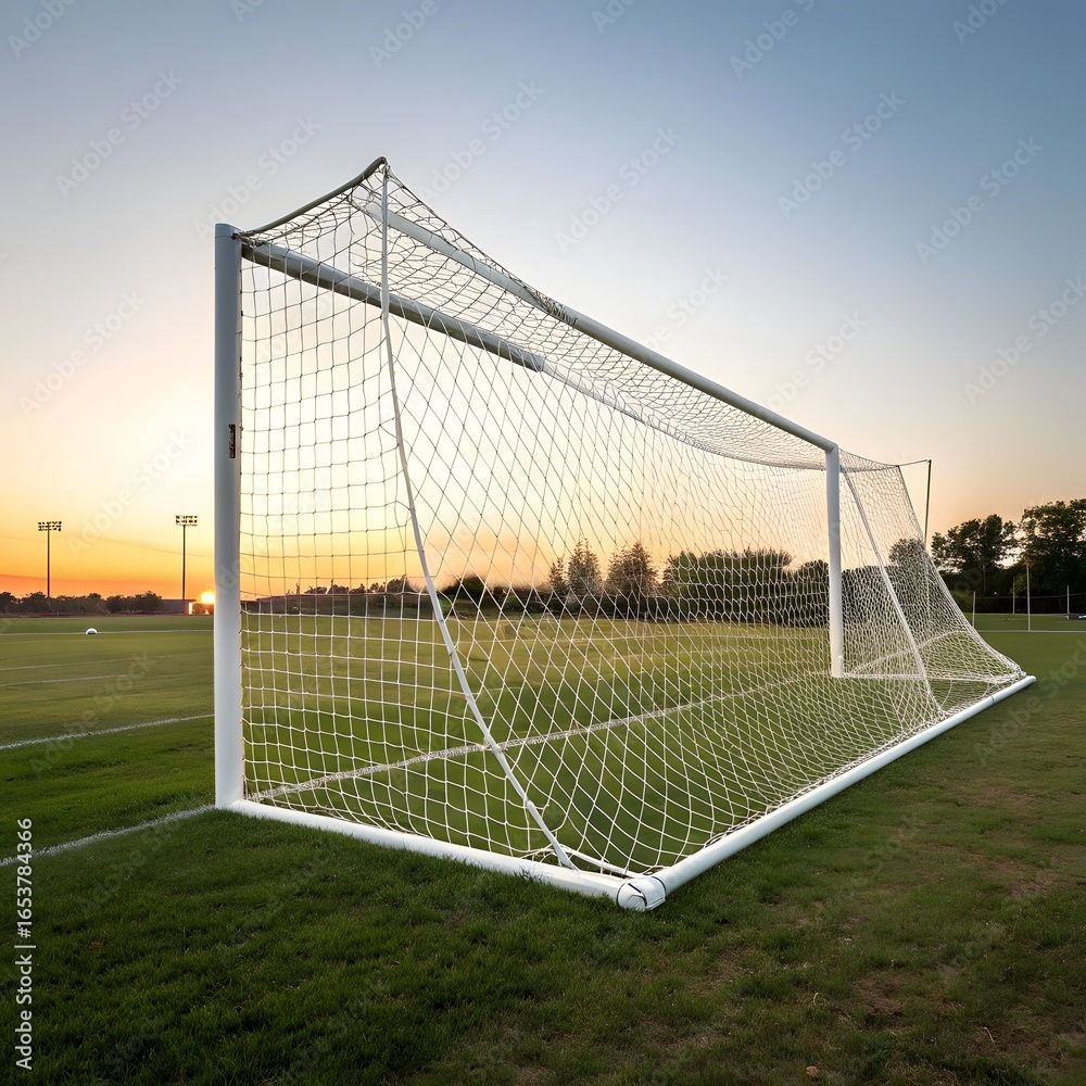 Fototapeta premium Empty soccer goal on a grassy field at sunset