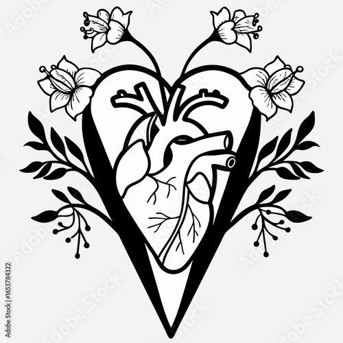 Line art anatomical heart with blooming wildflowers vector art 