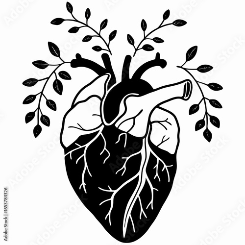 Line art anatomical heart with blooming wildflowers vector art 