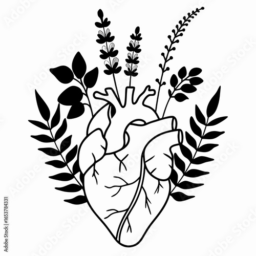 Line art anatomical heart with blooming wildflowers vector art 