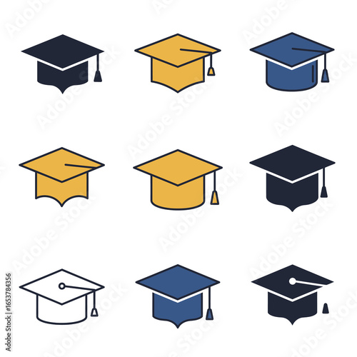 Set of graduation caps in various colors and styles, symbolizing academic achievement and higher education
