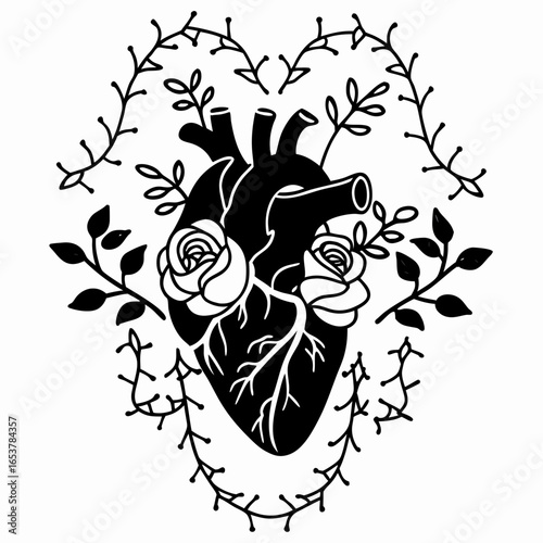 Line art anatomical heart with blooming wildflowers vector art 