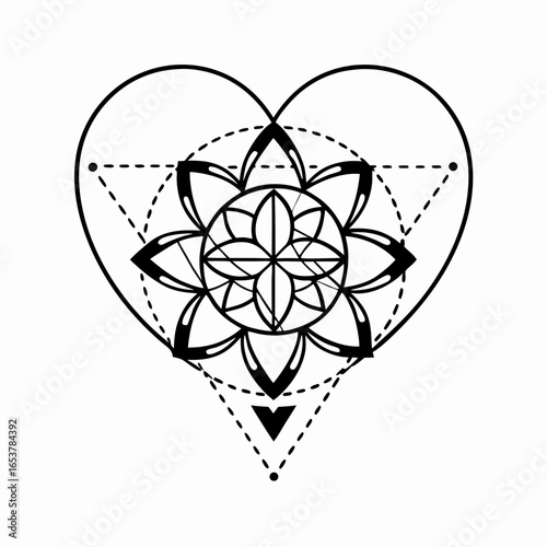 Line art anatomical heart with blooming wildflowers vector art 