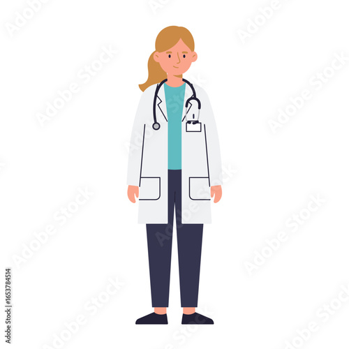 Illustration of a standing female doctor with a stethoscope and lab coat. A medical professional representing healthcare, medicine, and clinical consultation.