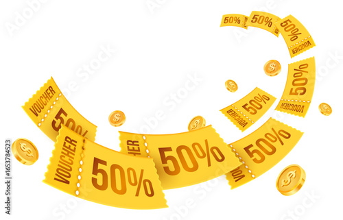 Golden 50% discount vouchers swirling with gold coins on a white background, perfect for promotional banners, sales campaigns, and marketing designs. Coupon voucher fly in a wave in 3d vector. Vector