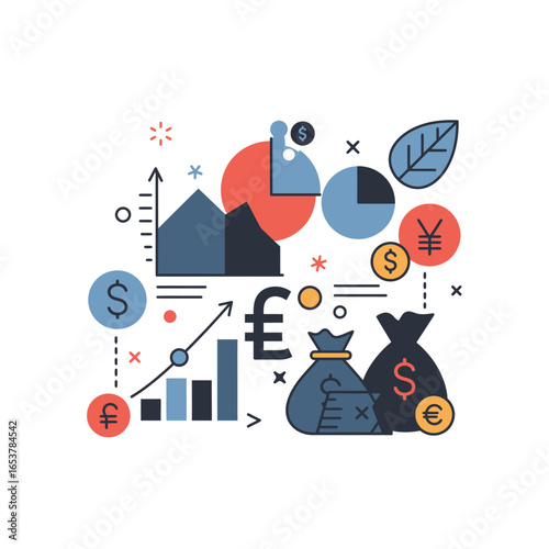 Dynamic financial growth and investment concept featuring diverse currency icons, ascending graphs, and money bags, symbolizing global economic prosperity and strategic asset management.