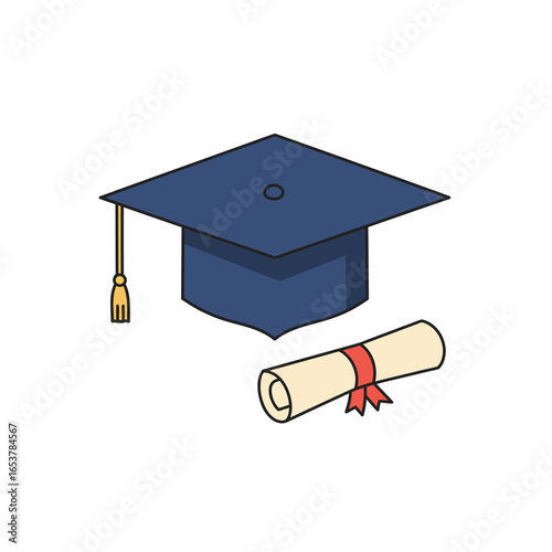 Illustration of a Graduation Cap and Diploma Scroll Education, Achievement, Ceremony, and Academic Success - A Symbol of Graduation