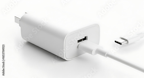 A close up shot of a white usb charger with a cable plugged into it on a white background surface