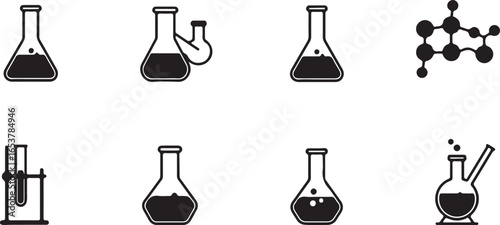Black and White Icons of Chemistry Laboratory Glassware and Molecular Structures science experiment