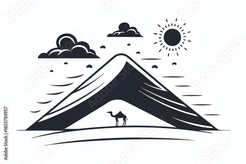 Desert with Camel Silhouette, Mountain, Sun and Clouds on White Background