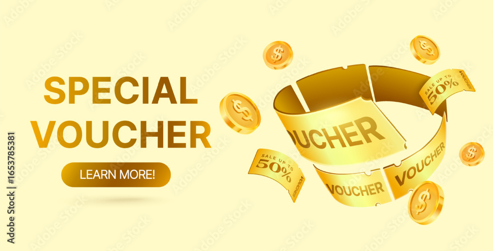 Φωτογραφία Golden special voucher promotion banner with flying discount coupons and coins on a yellow background, designed for sales campaigns