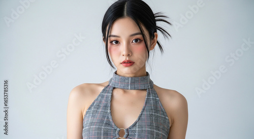 Portrait of a young woman with dark hair and a plaid halter top