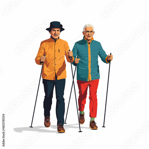 Older adults walking with Nordic poles wearing colorful jackets  