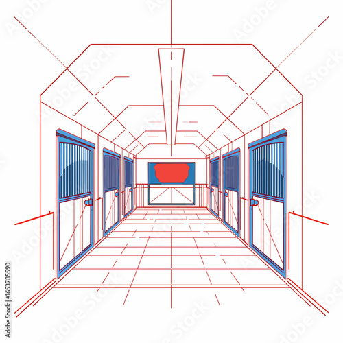 Horse stable interior with open doors and minimalistic design  