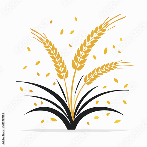 Illustration of golden wheat ears with black leaves and scattered grains, representing harvest.