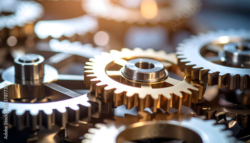 Close Up View Of Interlocking Gears In Metallic Colors With Selective Focus And Blurry Background