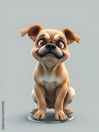 Whimsical digital depicting an irate and astounded dog with a furrowed brow and wide open eyes sitting on a clear transparent surface and conveying a jovial and playful countenance