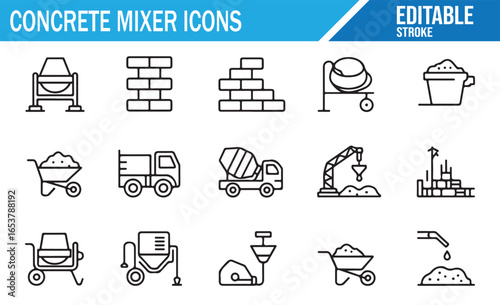 Editable Concrete Mixer Icons for Construction and Industrial Projects