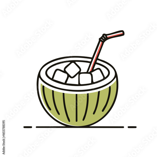 Illustration of a refreshing coconut drink with ice cubes and a straw.
