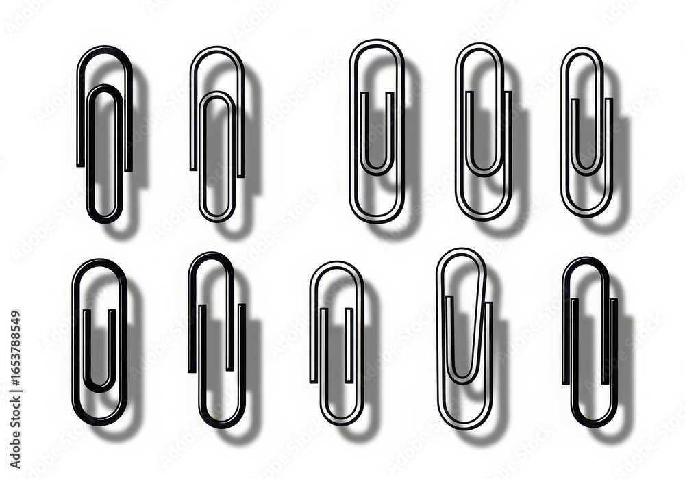 Collection of ten metallic paper clips arranged in two rows on a white background Collection of ten metallic paper clips arranged in two rows on a white background