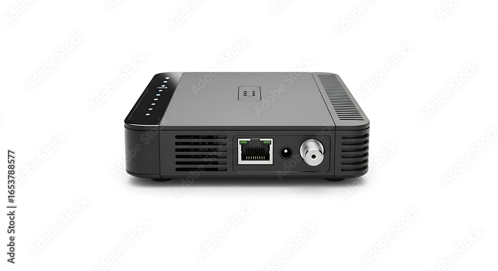 A close up shot of a black modem with ethernet and coaxial ports on a white background surface A close up shot of a black modem with ethernet and coaxial ports on a white background surface