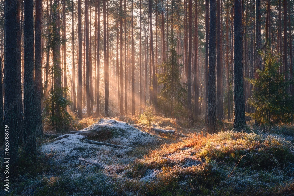 Fototapeta premium Golden sunlight streams through a frosty pine forest