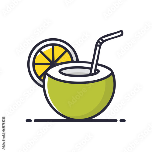 A refreshing coconut drink with a straw and a slice of lime, perfect for summer.