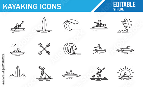 Set of Kayaking and Paddling Icons for Sports Designs
