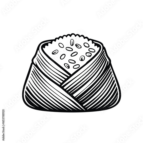 Detailed black and white illustration of a wrapped sushi roll with visible rice grains.