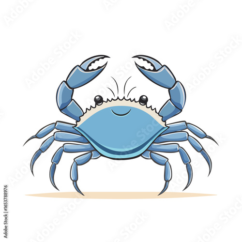 A cheerful cartoon illustration of a blue crab with its claws raised, smiling.