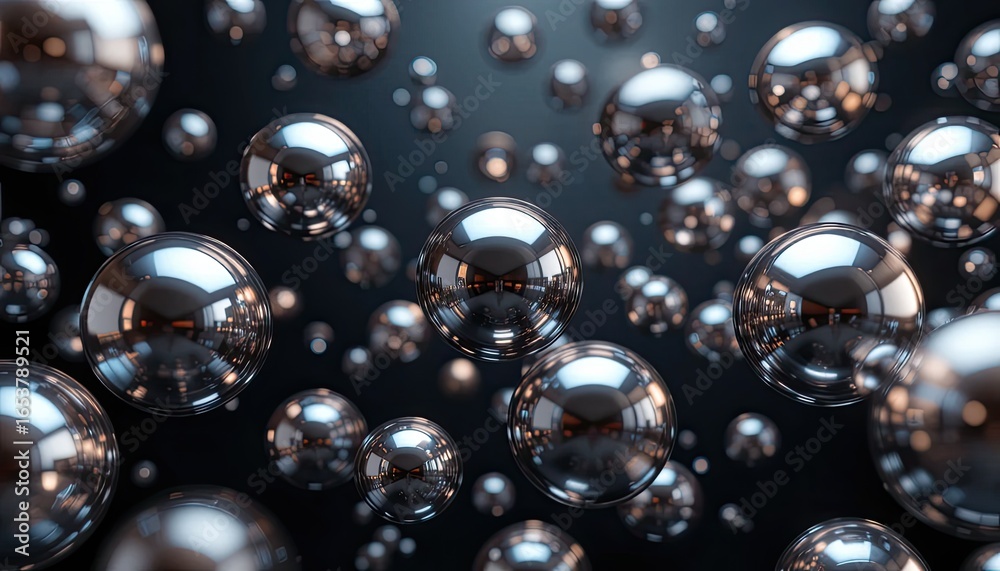 A cluster of reflective metallic spheres floating against a dark blurred background in a random arrangement A cluster of reflective metallic spheres floating against a dark blurred background in a random arrangement